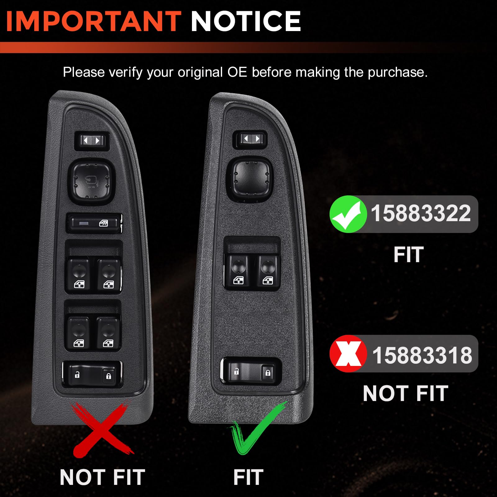 15883322 Driver Side Door Lock Switch & Master Power Window Switch with Black Bezel Compatible with 2003-2007 Chevy Silverado 1500 2500 3500 GMC Sierra 1500 2500 3500 Replaces DWS-248 - Image 3