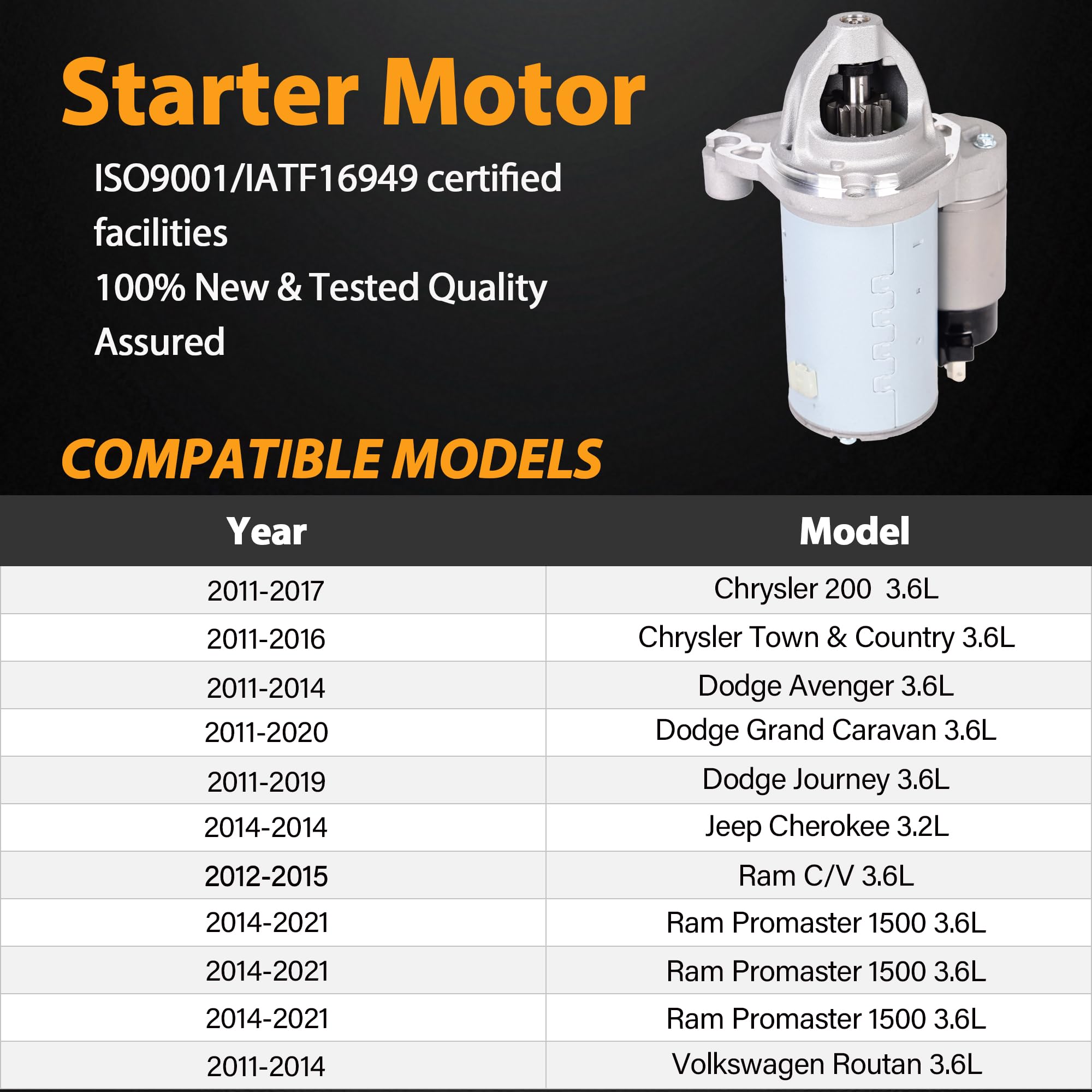 19616 New Starter Replacement Compatible with 3.6L V6 Chrysler 200 Town & Country Dodge Avenger Journey Ram C/V Promaster 1500 2500 3500 1.3KW 12V 10T CW Replaces 4801839AB 04801839AC - Image 3