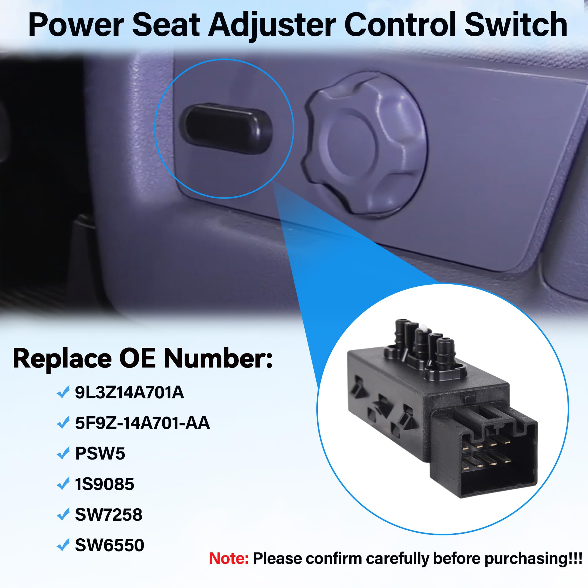 6-Way Power Seat Switch Driver Side Passenger Side Compatible with Ford Lincoln Mercury Replacement for 9L3Z-14A701-A 5F9Z-14A701-AA PSW5 - Image 3