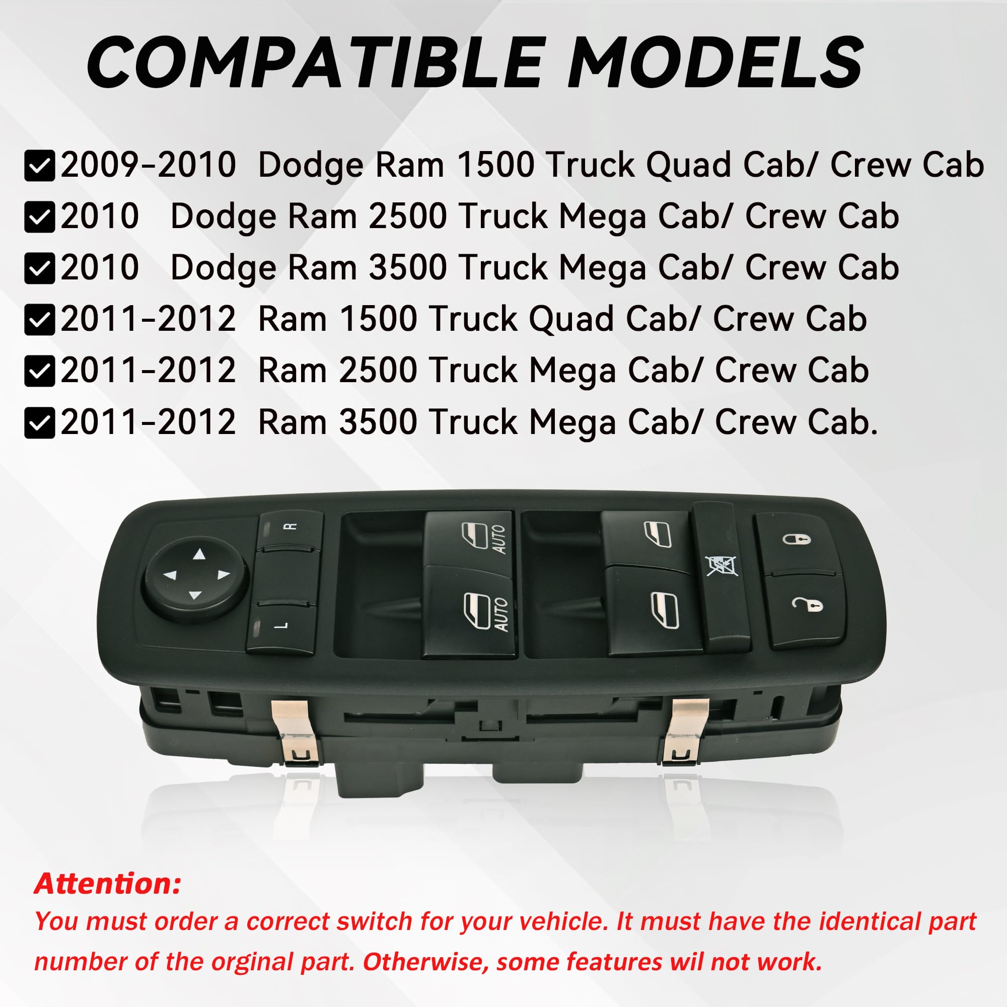 Driver Side Master Power Window Switch 9 Pins + 3Pins Compatible with 2009 2010 2011 2012 Dodge Ram 1500 2500 3500 2011-2012 Ram 1500 2500 3500 Window Control Switch Replaces 4602863AC 4602863AB - Image 6