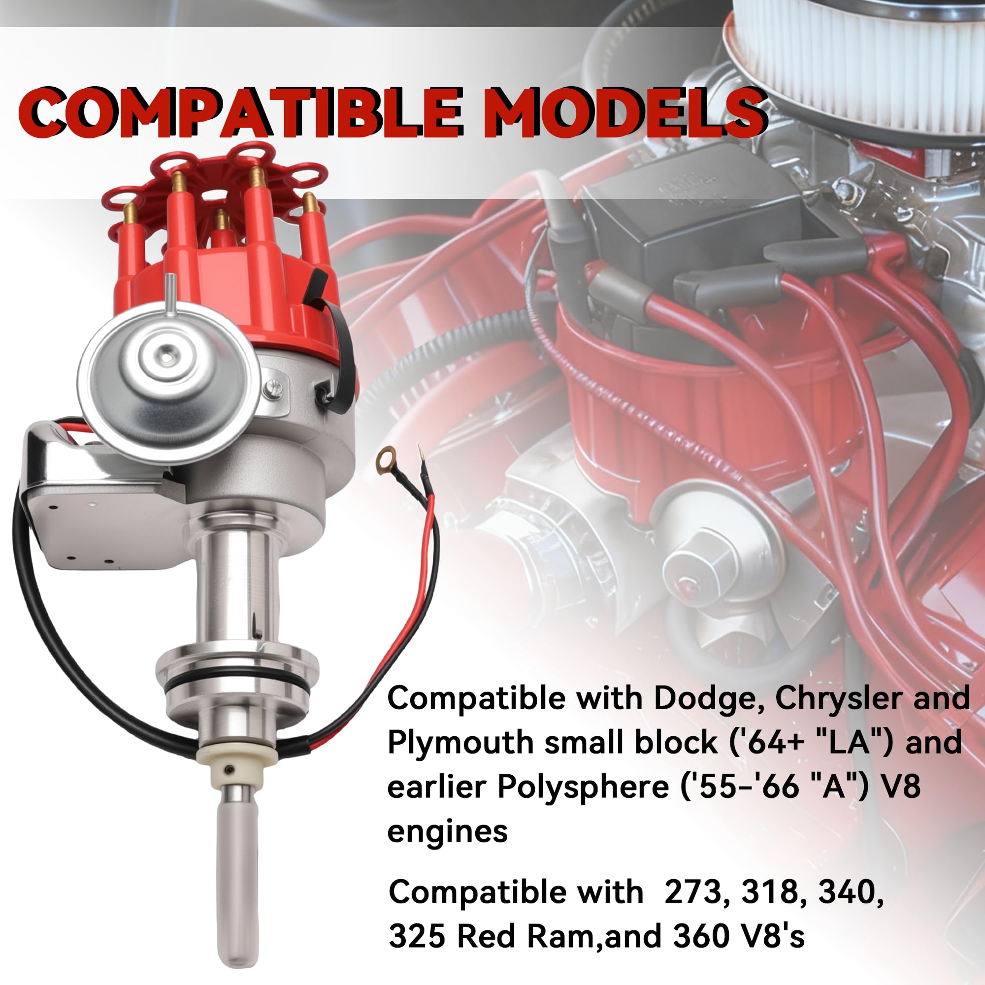 Ignition Distributor With Cap & Rotor Compatible With Dodge Chrysler Small Block Mopar 318 340 360 Replace PC7006 1131811 JM6513R HEI Distributor - Image 3
