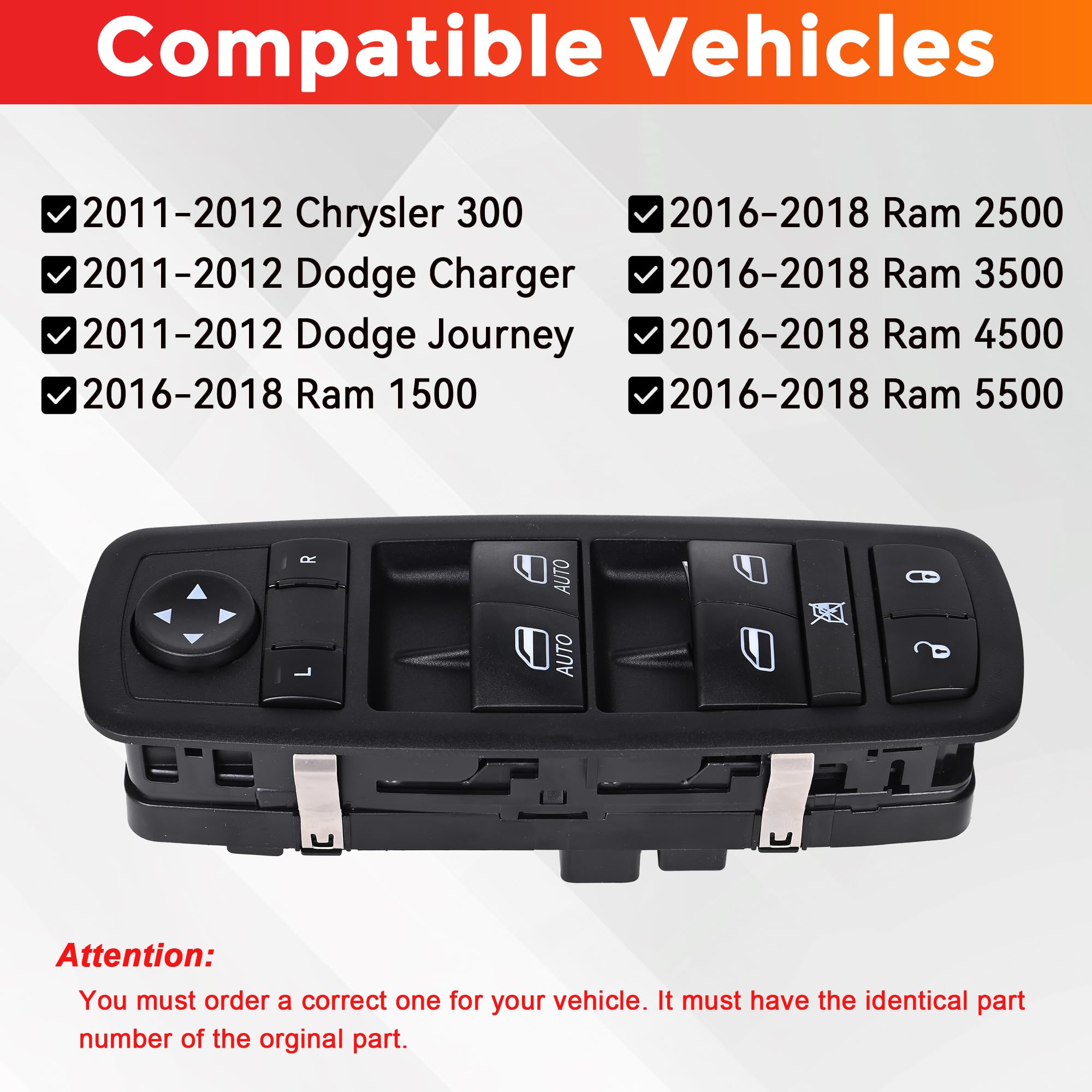Master Power Window Switch Driver Side Compatible with 2011-2012 Dodge Charger Journey 2016-2018 Ram 1500 2500 3500 4500 5500 Replaces# 68231805AA - Image 7