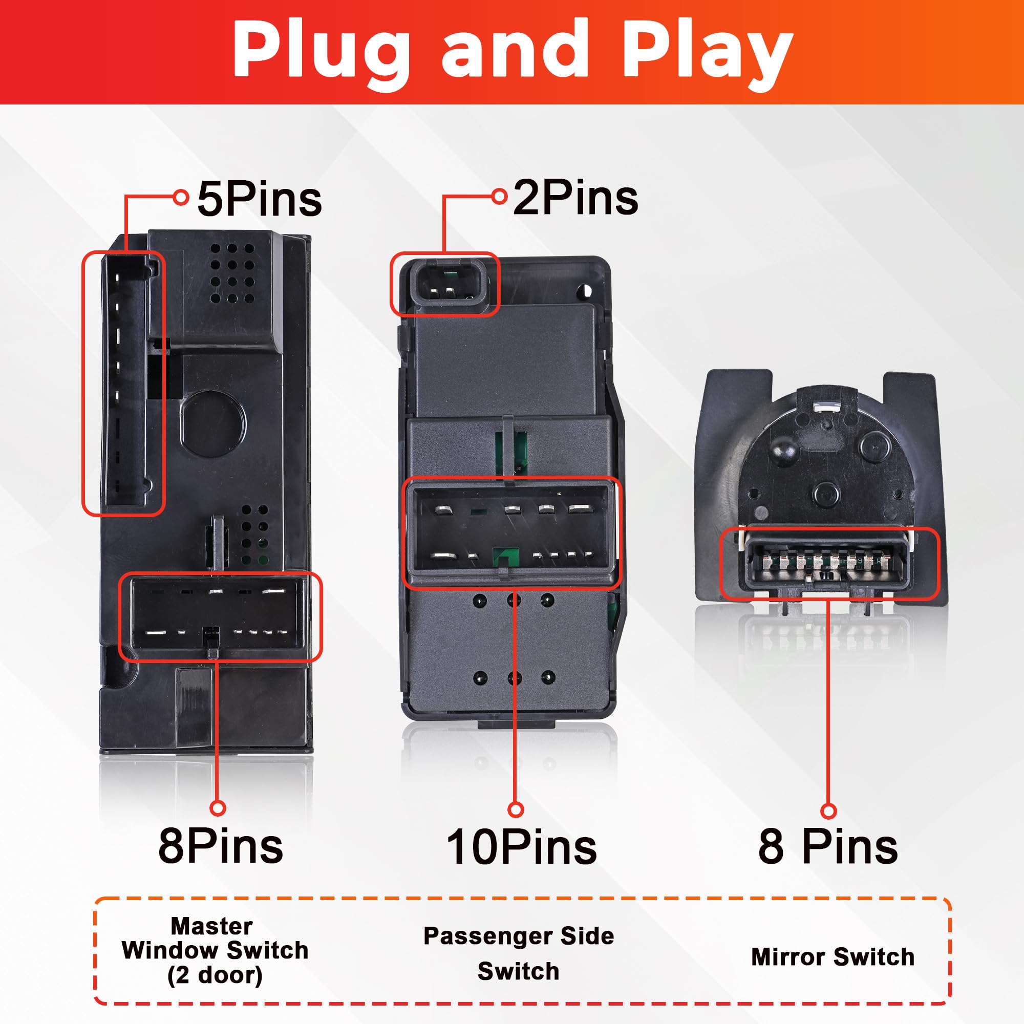 Power Window Switch 2 Door with Mirror Switch Driver & Passenger Side Compatible with 1995-2000 Chevy GMC C1500 C2500 C3500 K1500 K2500 K3500 Tahoe Yukon Replaces# 15151356 15009690 15151362 - Image 3