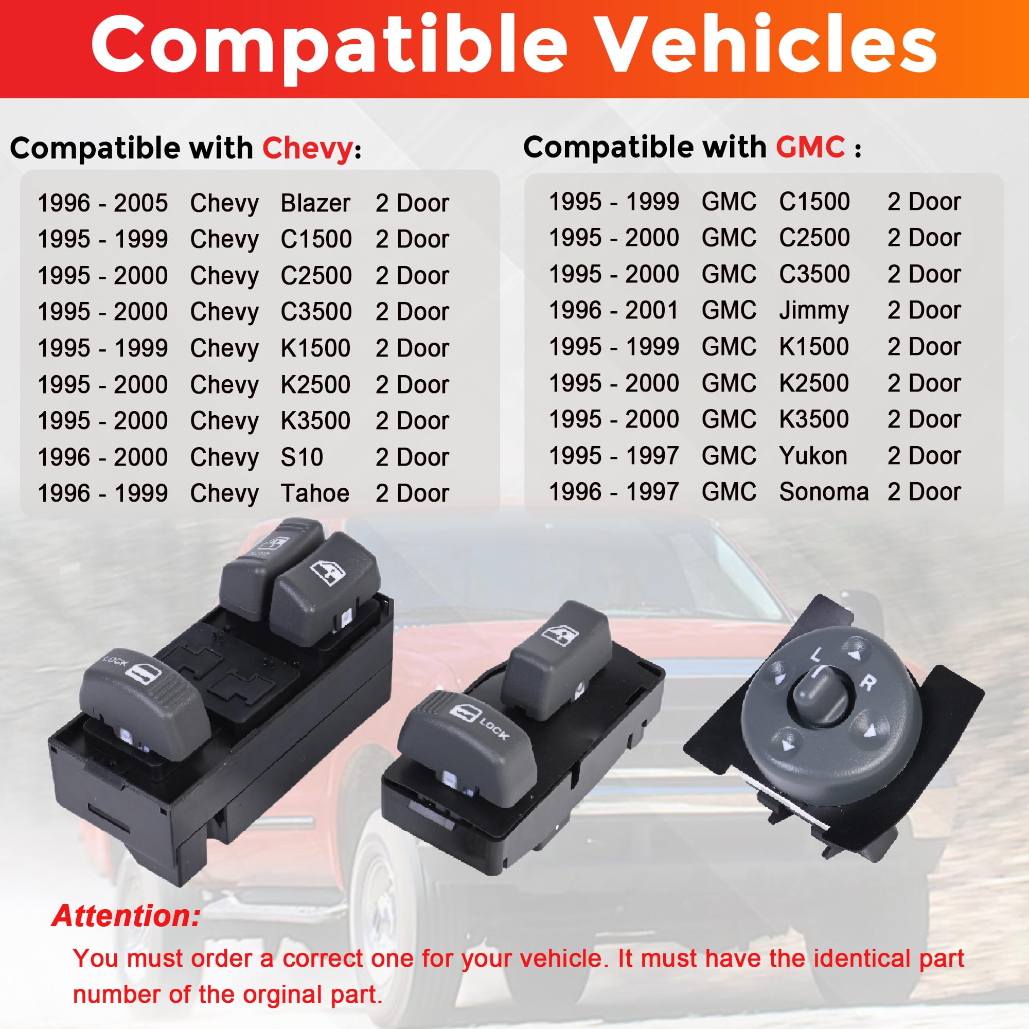 Power Window Switch 2 Door with Mirror Switch Driver & Passenger Side Compatible with 1995-2000 Chevy GMC C1500 C2500 C3500 K1500 K2500 K3500 Tahoe Yukon Replaces# 15151356 15009690 15151362 - Image 5