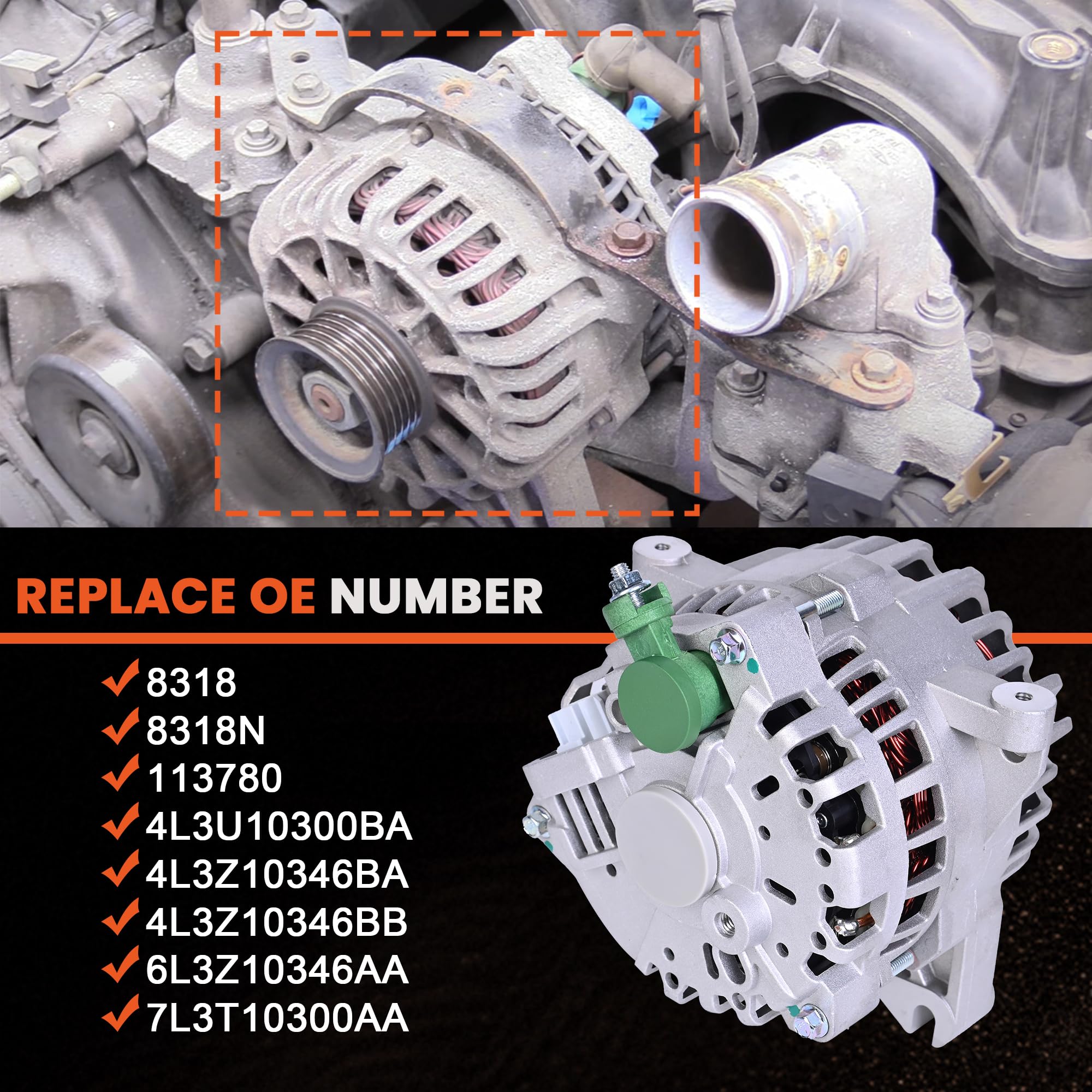 RLP Alternator 110 Amp Compatible With 2004-2008 Ford F150 Expedition Lincoln Mark LT Navigator V8 Replace# 8318N 4L3U10300BA 4L3U10300BB 6L3T-10300-AA - Image 4