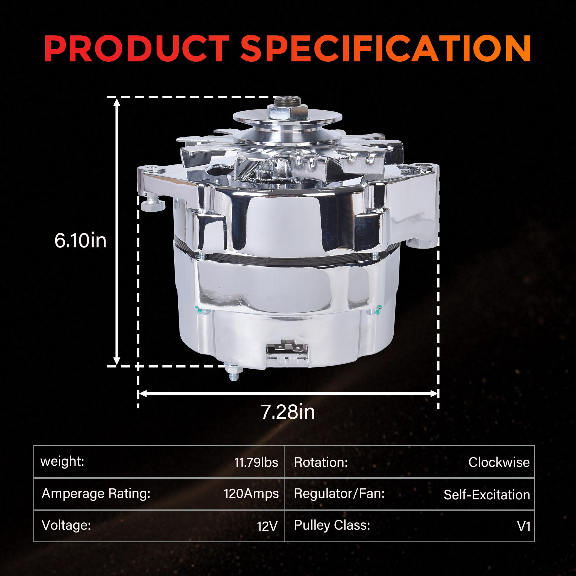 RLP Alternator Chromed 7127-SE105C Compatible with GM 305 350 BBC SBC 1-Wire Self-Exciting 110A 12V - Image 3