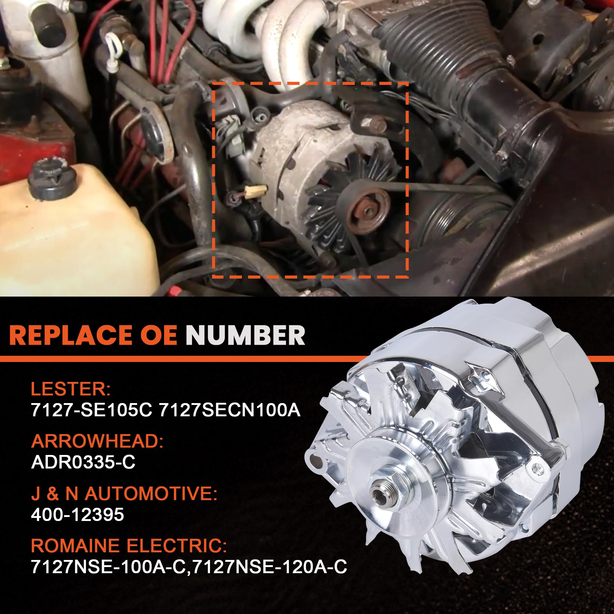 RLP Alternator Chromed 7127-SE105C Compatible with GM 305 350 BBC SBC 1-Wire Self-Exciting 110A 12V - Image 4