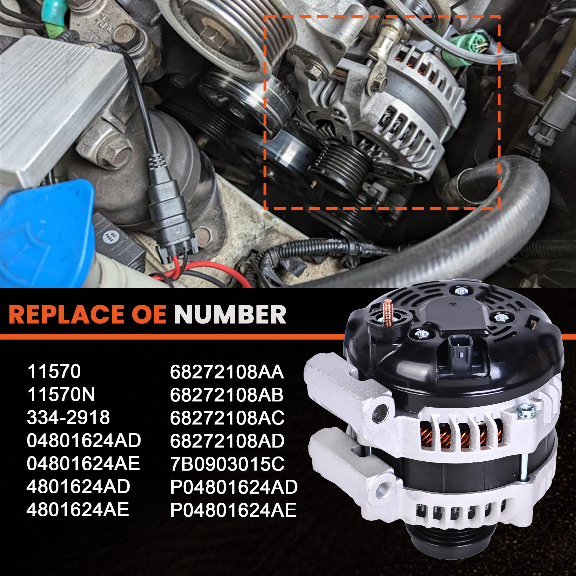 RLP Alternator Compatible with 11-14 Chrysler 200; 11-16 Town & Country; 11-14 Dodge Avenger; 11-20 Grand Caravan; 11-19 Journey & Ram C/V & VW Routan, V6 3.6L, 12V 160 Amp, 6-Groove 04801624AD - Image 4