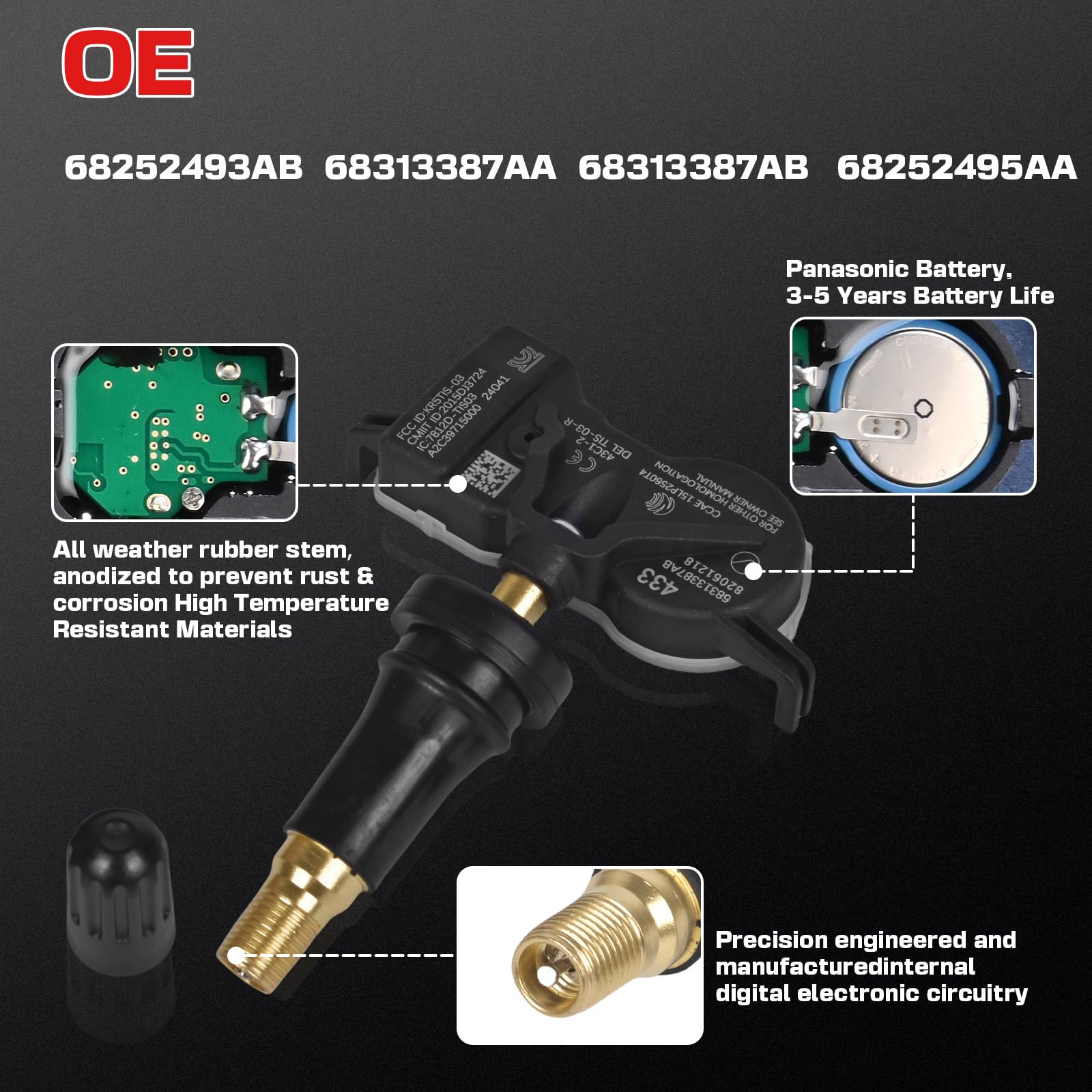 RLP Set of 4 TPMS Tire Pressure Monitoring System Sensor 433MHz Compatible with Dodge Flat Replace OE# 68252493AB 68313387AA 68313387AB 68252495AA - Image 3