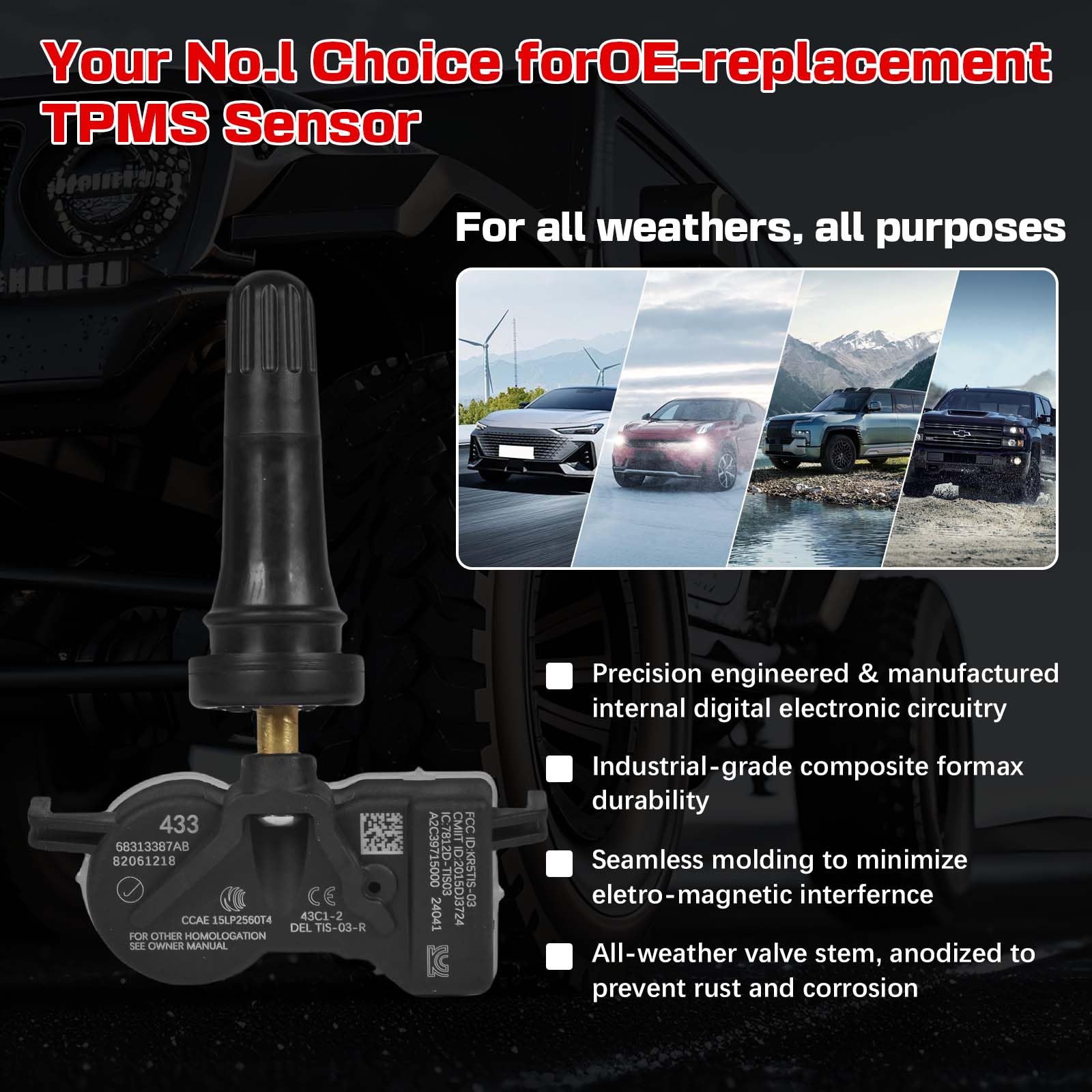 RLP Set of 4 TPMS Tire Pressure Monitoring System Sensor 433MHz Compatible with Dodge Flat Replace OE# 68252493AB 68313387AA 68313387AB 68252495AA - Image 4