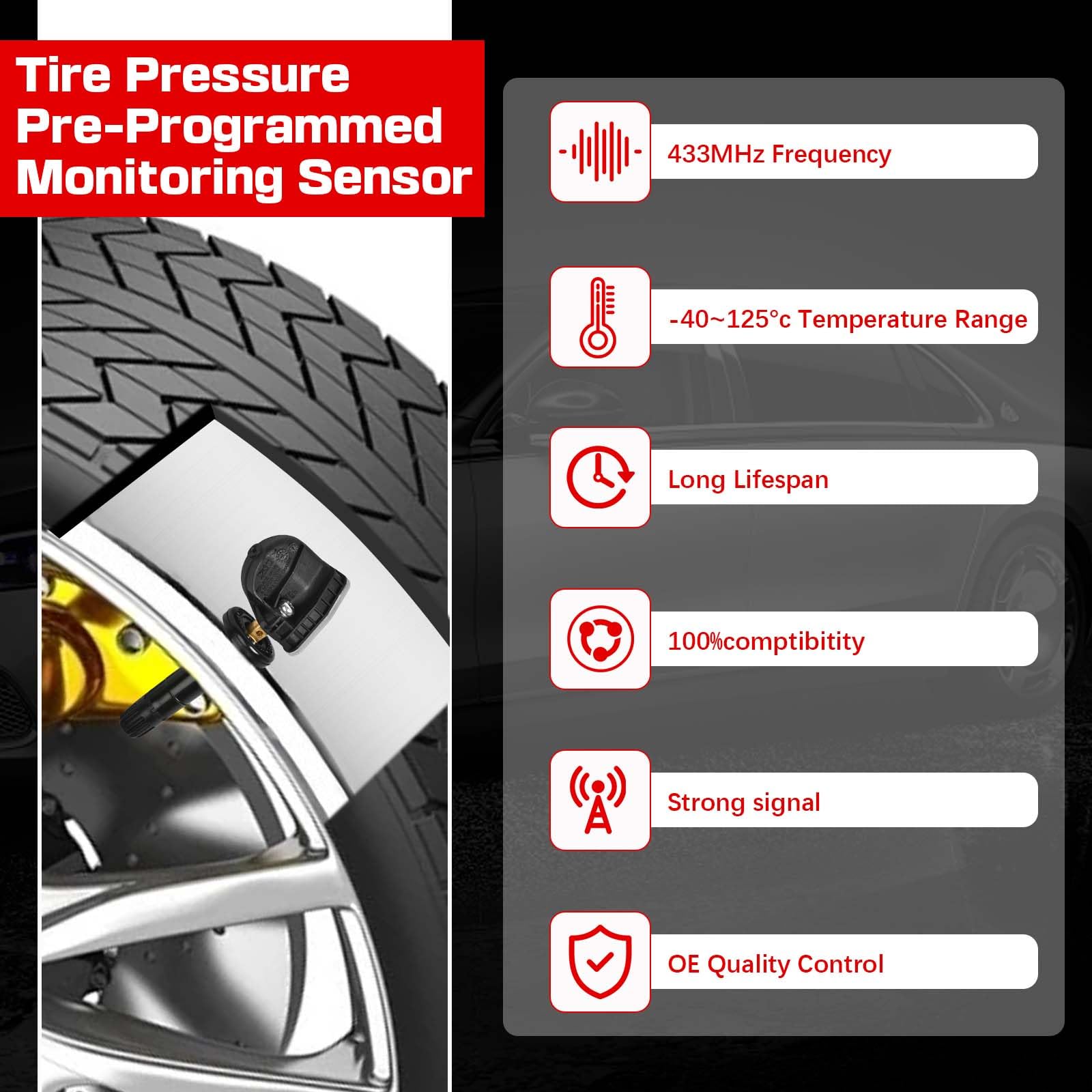 RLP Set of 4 TPMS Tire Pressure Monitoring System Sensor 433MHz Compatible with Calillac, GMC, Malibu Silverado Impala Cruze,Regal Lacrosse Replace OE#13598773 13516165 13589601 13506028 13594222 - Image 3