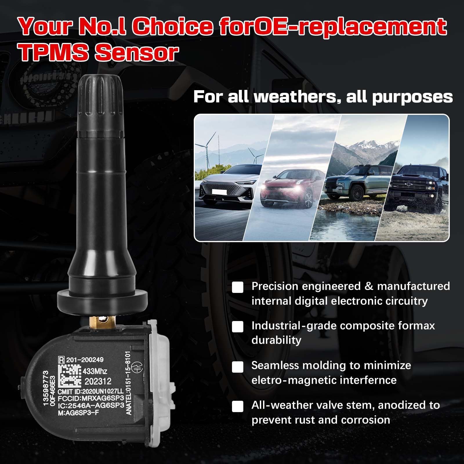 RLP Set of 4 TPMS Tire Pressure Monitoring System Sensor 433MHz Compatible with Calillac, GMC, Malibu Silverado Impala Cruze,Regal Lacrosse Replace OE#13598773 13516165 13589601 13506028 13594222 - Image 4