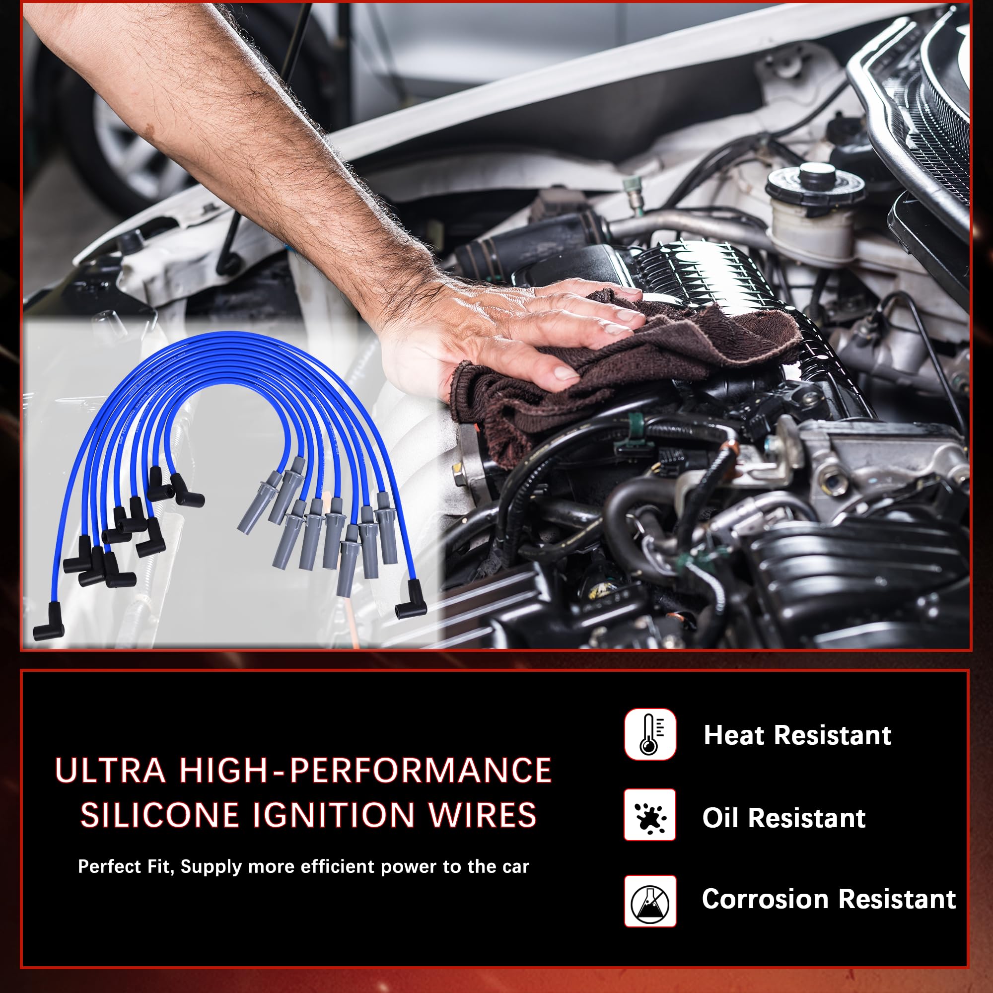 RLP Silicone Spark Plug Wires Set 8.0mm Blue Compatible with Dodge B1500 2500 3500 D150 250 350 Dakota Durango Ram 1500 2500 3500 Van V8 5.2L/5.9L Replace 4728038AD 4728038AE-Pack of 9 - Image 3