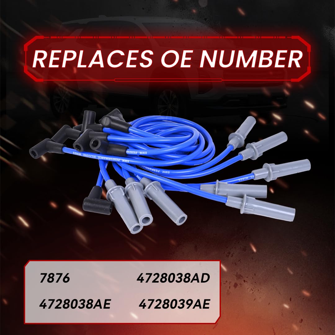 RLP Silicone Spark Plug Wires Set 8.0mm Blue Compatible with Dodge B1500 2500 3500 D150 250 350 Dakota Durango Ram 1500 2500 3500 Van V8 5.2L/5.9L Replace 4728038AD 4728038AE-Pack of 9 - Image 4