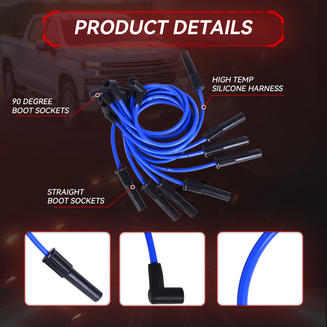 RLP Silicone Spark Plug Wires Set 8.0mm Blue Compatible with Jeep AMC V8 290 304 343 360 390 401 HEI Distributor Valve Cover Wires(No Coil Wire) - Image 3