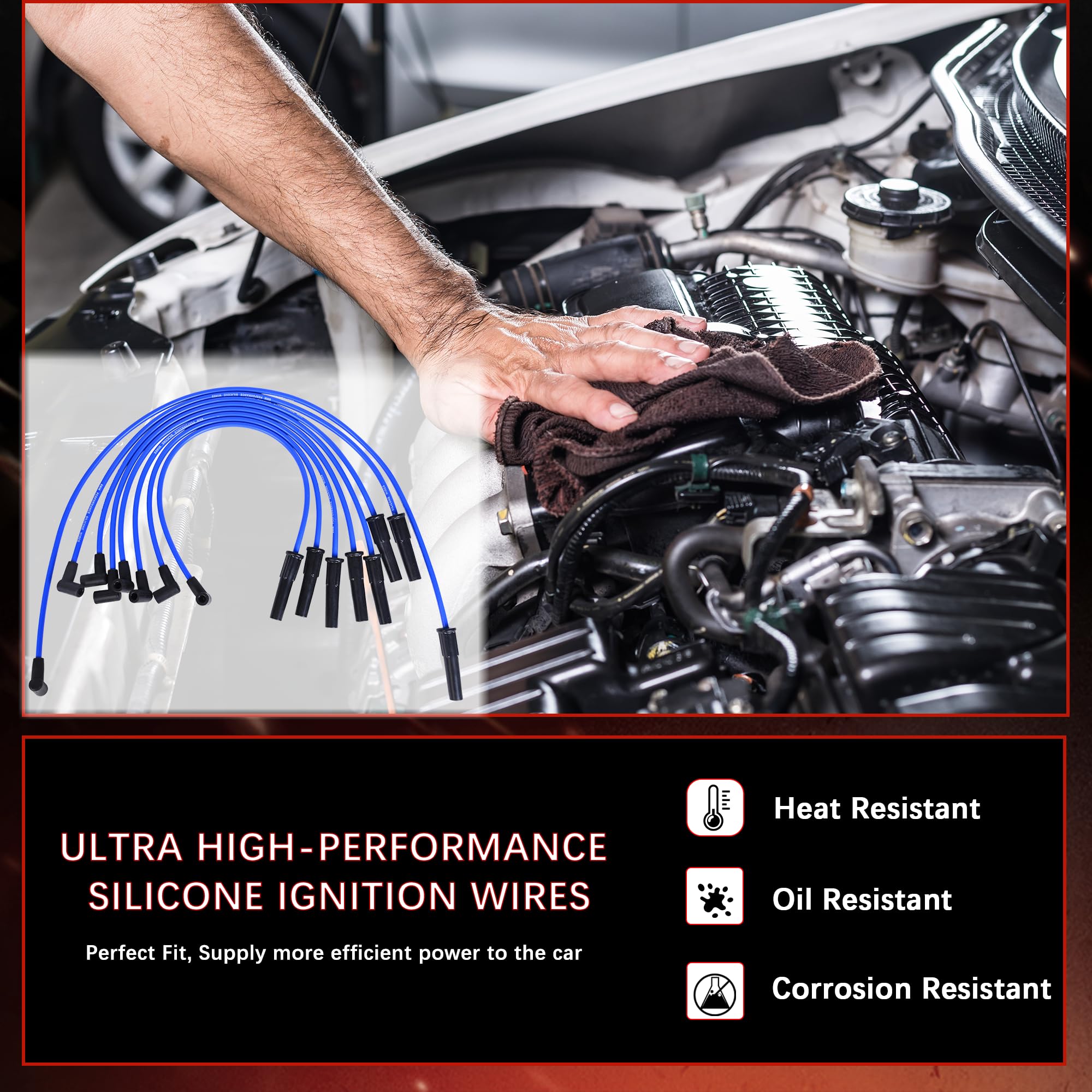 RLP Silicone Spark Plug Wires Set 8.0mm Blue Compatible with Jeep AMC V8 290 304 343 360 390 401 HEI Distributor Valve Cover Wires(No Coil Wire) - Image 5