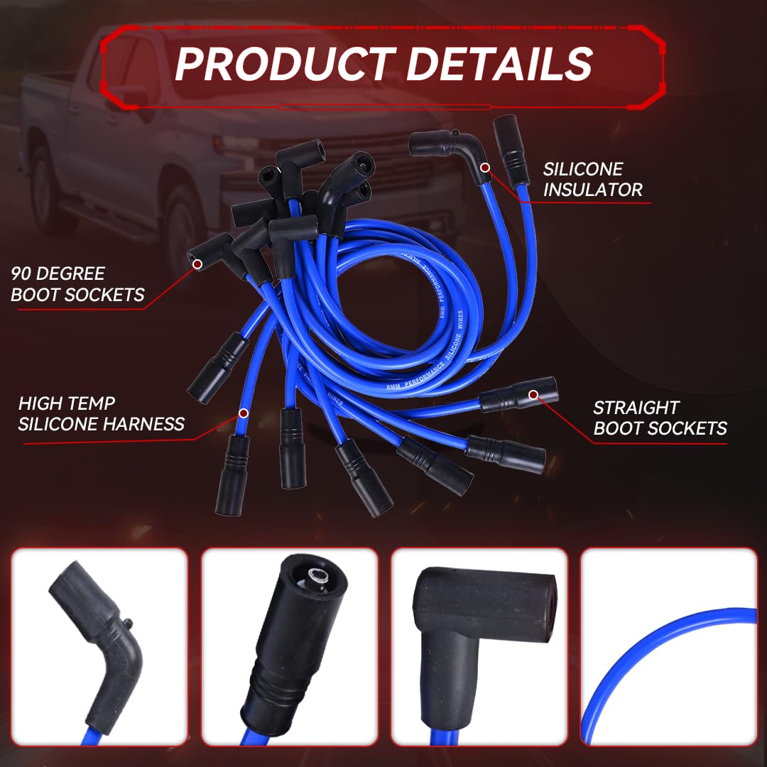 RLP Silicone Spark Plug Wires Set Blue 8.0mm Compatible with Chevy GMC Cadillac Isuzu Tahoe Suburban Express Savana C1500 C2500 C3500 K1500 K2500 V8 5.0L 5.7L 9Pcs Replace#9718Q 88862381 35-8150 - Image 3