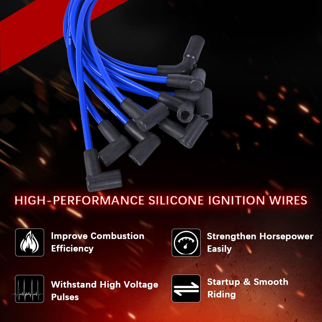 RLP Silicone Spark Plug Wires Set Blue 8.0mm Compatible with Chevy GMC Cadillac Isuzu Tahoe Suburban Express Savana C1500 C2500 C3500 K1500 K2500 V8 5.0L 5.7L 9Pcs Replace#9718Q 88862381 35-8150 - Image 4