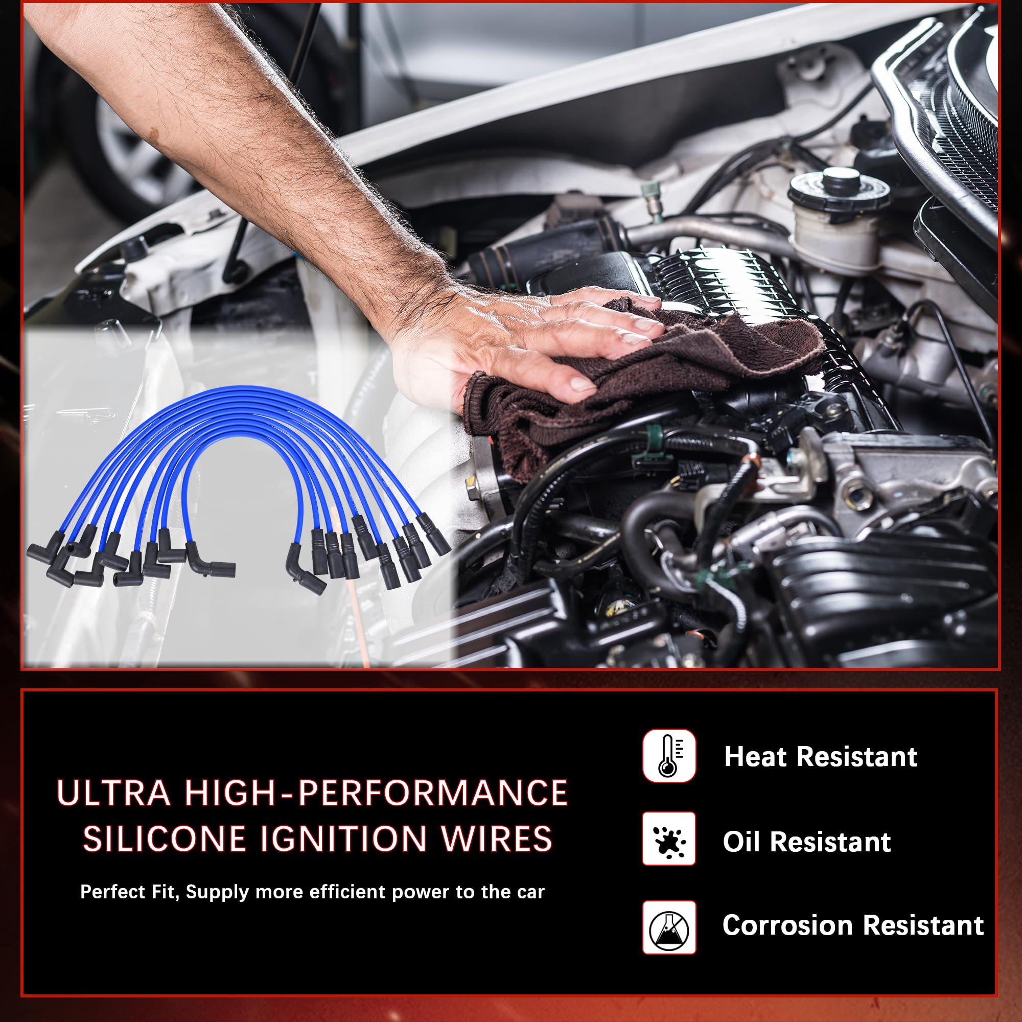 RLP Silicone Spark Plug Wires Set Blue 8.0mm Compatible with Chevy GMC Cadillac Isuzu Tahoe Suburban Express Savana C1500 C2500 C3500 K1500 K2500 V8 5.0L 5.7L 9Pcs Replace#9718Q 88862381 35-8150 - Image 5