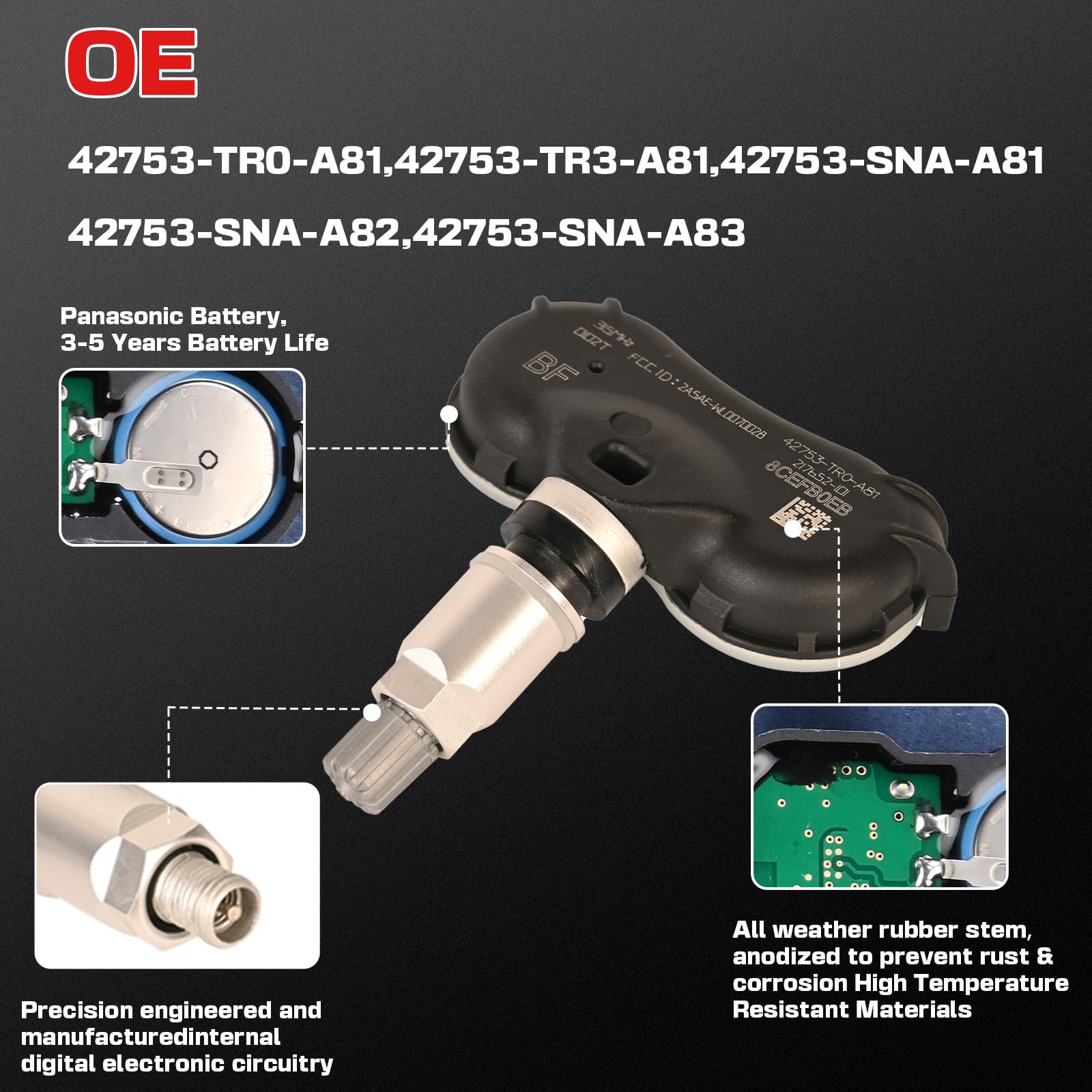 RLP Tire Pressure Monitoring System Sensor 42753-TR0-A81 Compatible with Honda Civic CR-Z Element Fit Odyssey Replaces# 42753-TR3-A81 42753-SNA-A81,315MHz - Image 3