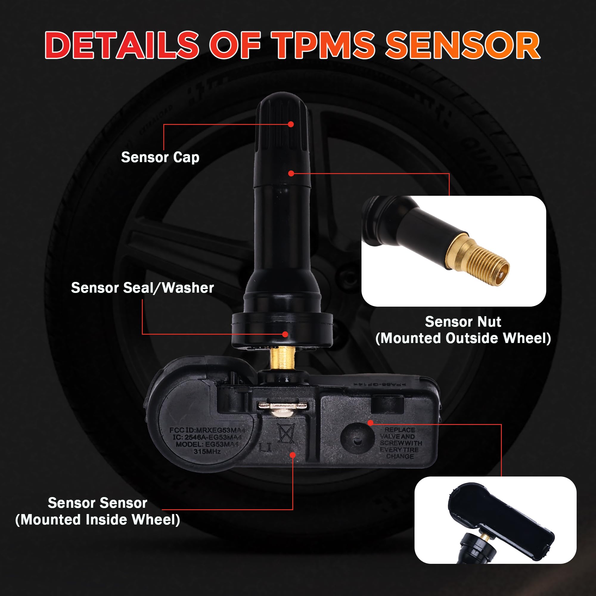 RLP Tpms Sensors Set of 4 Tire Pressure Sensor 315MHz Compatible with Ford F-150 Escape Lincoln MKX MKZ Replaces 6F2Z1A189A 6F2A1A176AE 6F2T1A150AE 7L1Z1A189A - Image 3
